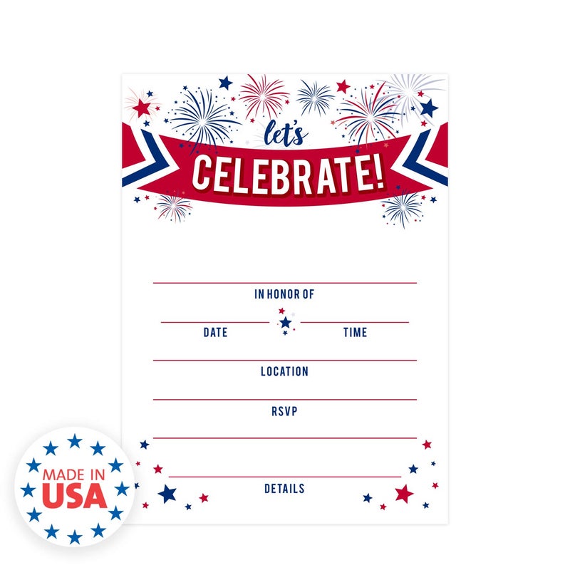 Canopy Street Patriotic Party Invitations / 25 American Event Invites / 5" x 7" Flat Invite Cards With White Envelopes/Red White And Blue Invites/Made In The USA - Image 2